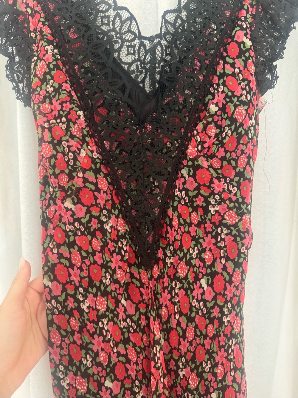 Anna Sui Black Headband with Red Floral Print and Lace